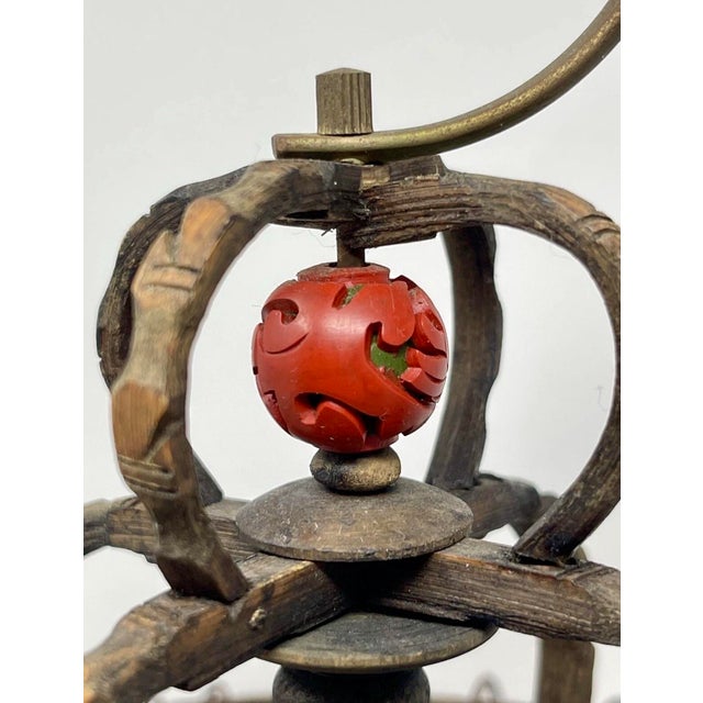 19th C Chinese Bamboo Birdcage Fully Ornamented, Hand Carved Dragon Perch. For Sale - Image 9 of 11