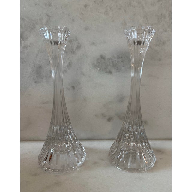 Pair of beautiful hourglass ribbed crystal candlestick holders, likely made in Germany by Mikasa (Park Lane design)....