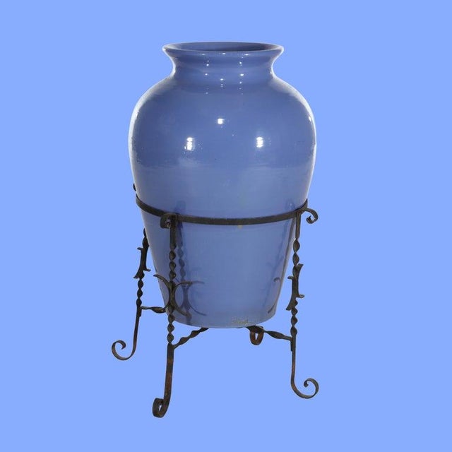 Monumental Antique Arts & Crafts Pottery Oil Jar With Wrought Iron Frame Signed & Numbered C1920 Measures - 34 1/2" x 20...