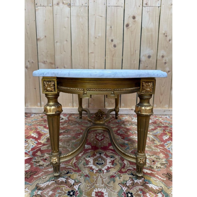 Louis XVI Style Coffee Table Gilded Wood and Carrara Marble, 1890s For Sale - Image 4 of 7