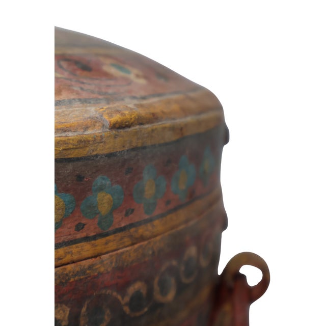 Antique Indonesian Handcrafted Metal Storage Vessel With Hand-Painted Floral Cartouches & Ornamental Hardware For Sale - Image 12 of 18