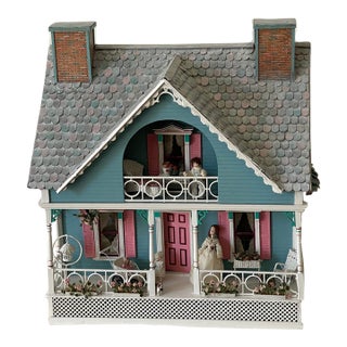 1960 Vintage Dollhouse Blue Cottage Handmade Furnished For Sale