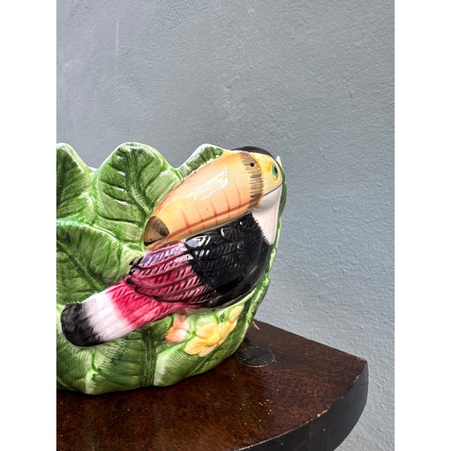 Ceramic Vintage Majolica Toucan Sculptural Bowl — Tropical Leaf Surround, Hand Painted For Sale - Image 7 of 7