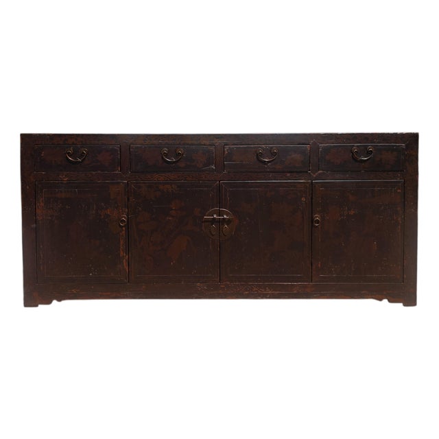 Circa 1926 Antique Chinese Dark Brown Painted Sideboard With Four Drawers and Four Doors For Sale