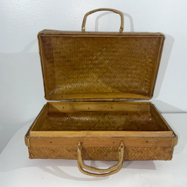 Mid 20th Century Mid-Century Boho Chic Bamboo Suitcase Style Storage Basket For Sale - Image 5 of 9