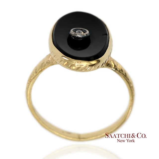 Early 21st Century 14k Solid Yellow Gold Oval Black Onyx and Diamond Ring, Size 4.5 For Sale - Image 5 of 12