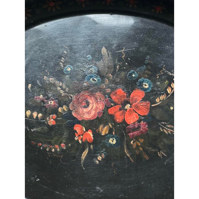 Black Antique English Hand-Painted Floral Oval Toleware Tray, Late 19th Century For Sale - Image 8 of 10