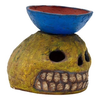 Vintage Painted Ceramic Expressive Skull For Sale
