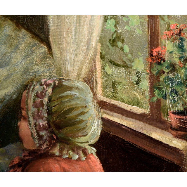 Classical Roman Woman With Two Children in Red - Dutch Style Interior Scene in Oil on Canvas by Joseph Tomanek For Sale - Image 3 of 9