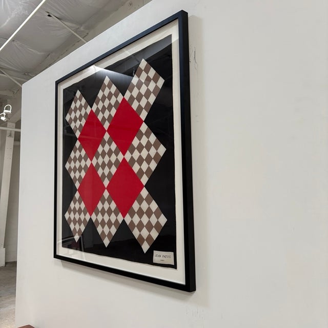 Mid-Century Modern Framed Vintage Checker Motif Jean Patou Scarf For Sale - Image 3 of 4