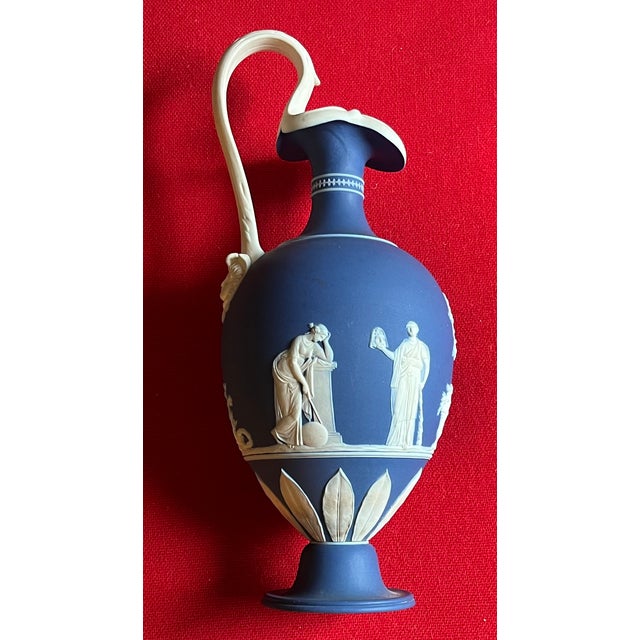 Wedgwood Antique 19th Century Wedgwood Dark Blue Jasperware Oinoche Vase, Urn or Ewer Decorated With Apollo and the Muses Circa 1850 For Sale - Image 4 of 18