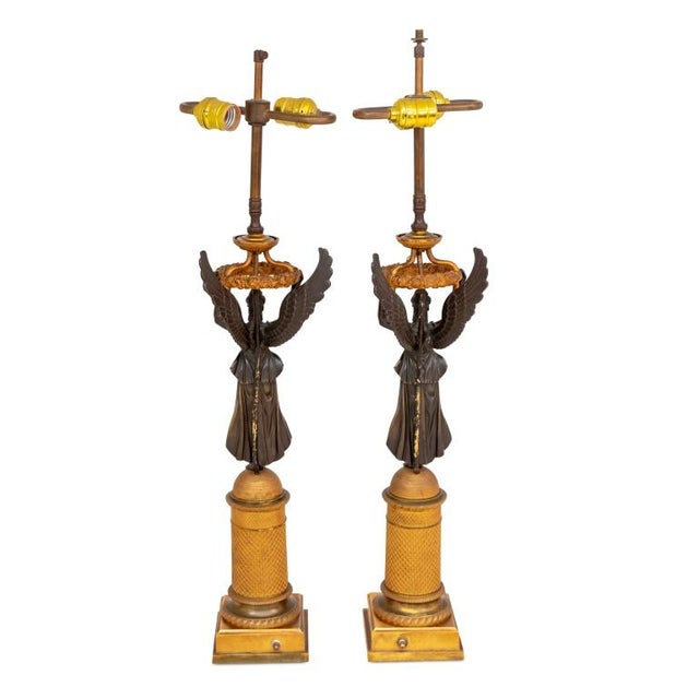 Neoclassical Pair of French Empire "Winged Victory" Bronze Lamps For Sale - Image 3 of 4