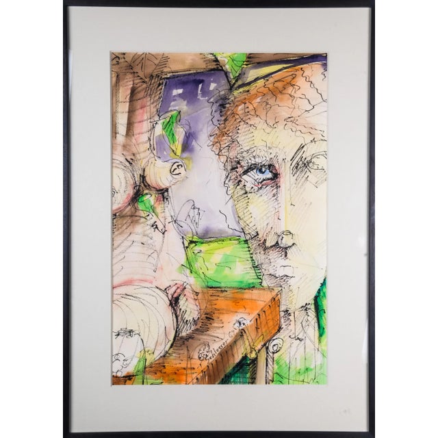 1960s Abstract Face Portrait Mixed-Media Painting by Gerard Schlosser, Framed For Sale