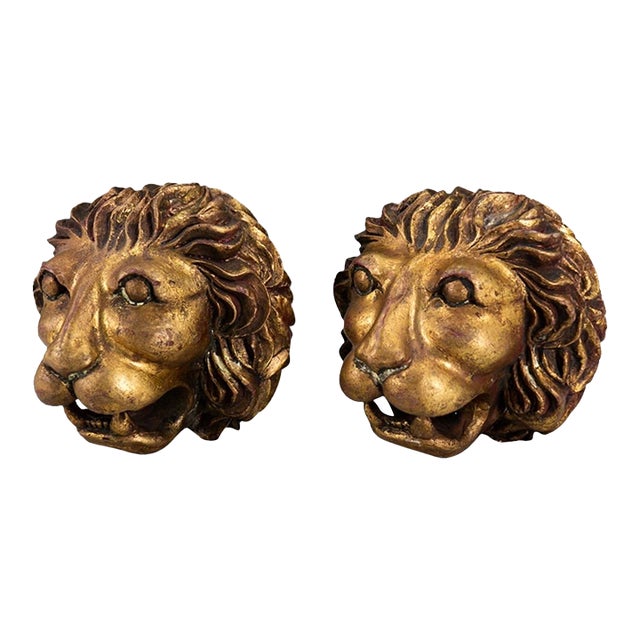 Pair of Vintage Gilt Lion Head Sculptures, Italian Neoclassical Style For Sale
