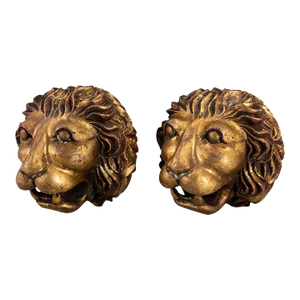Pair of Vintage Gilt Lion Head Sculptures, Italian Neoclassical Style