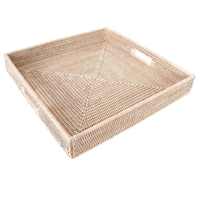 White Artifacts Rattan Square Serving Tray with Cutout Handles in White Wash - 16" For Sale - Image 8 of 8