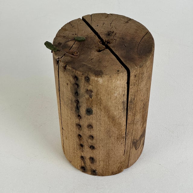 Folk Art Vintage Salvaged Split Cylindrical Wooden Object d'Art With Nails For Sale - Image 3 of 9