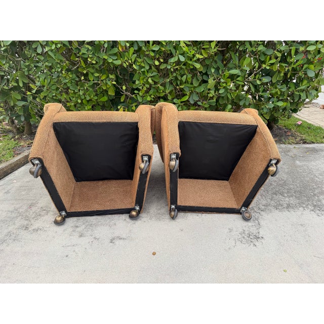 Vintage Postmodern Rolled Arm Club Chairs With Brass Ball Casters, a Pair For Sale - Image 9 of 12