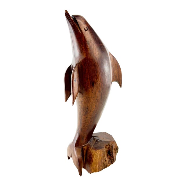 Vintage Hand-Carved Wood Dolphin Sculpture For Sale