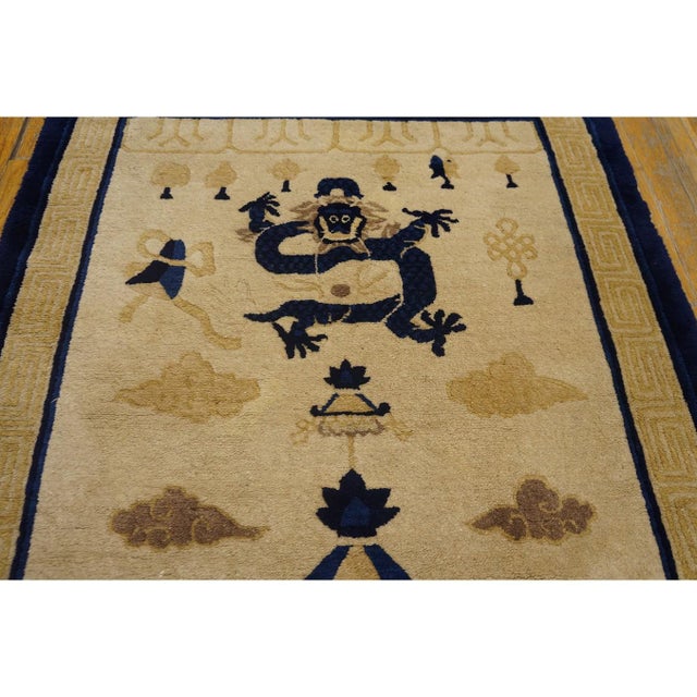 1900 - 1909 1900s Beige Ground Dragon and Foo Dog Chinese Lion Antique Peking Small Rug For Sale - Image 5 of 10