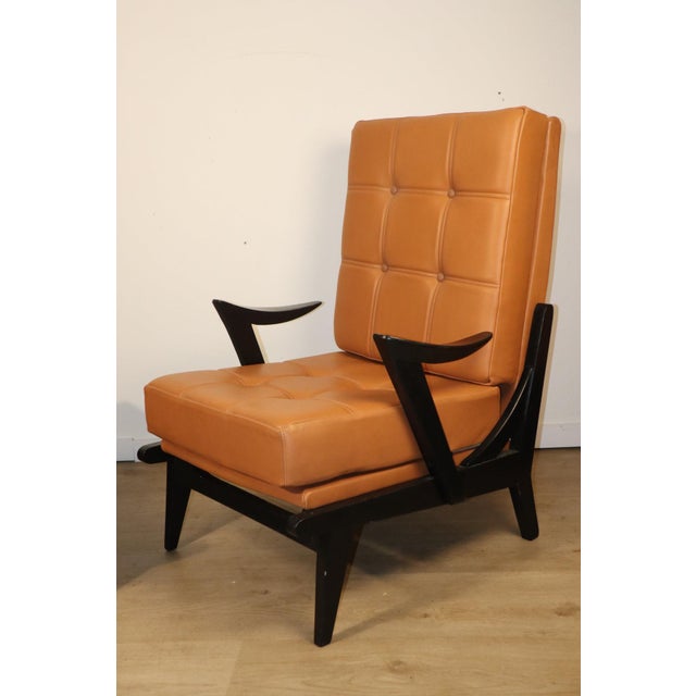 Vintage Armchair in Black Wood and Caramel Leather, 1950s For Sale - Image 16 of 18