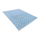 Handmade Cotton Pattern Leaf Pattern Rug, Sky Blue and White - 10'x14' For Sale