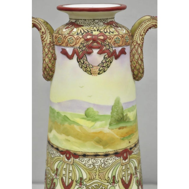 Antique Nippon Hand Painted Porcelain Countryside Moriage Tall Twin Handle Vase For Sale - Image 14 of 18
