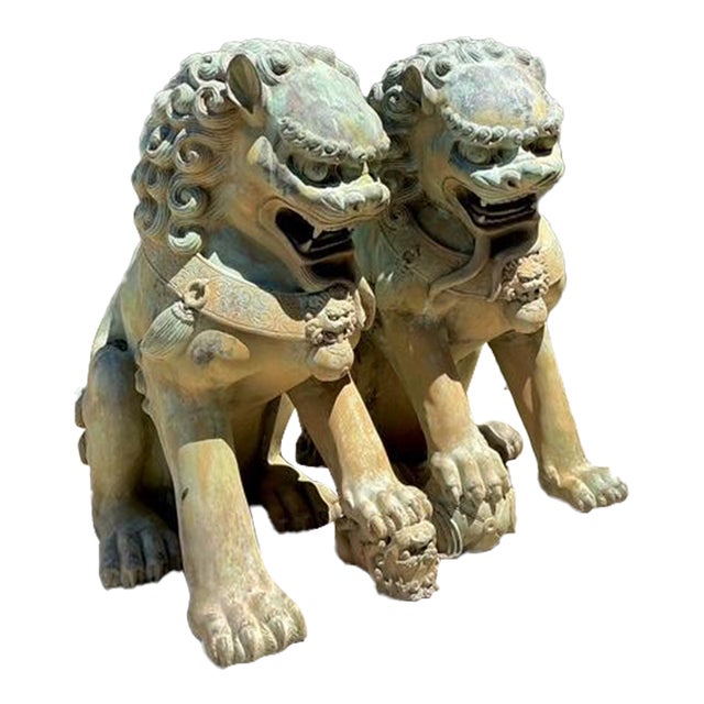 Vintage Monumental Bronze Foo Lions - A Pair For Sale