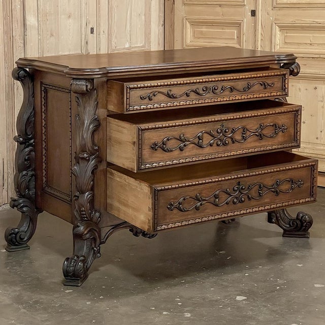 Burnt Umber Antique Italian Rococo Revival Hand Carved Walnut Commode For Sale - Image 8 of 18