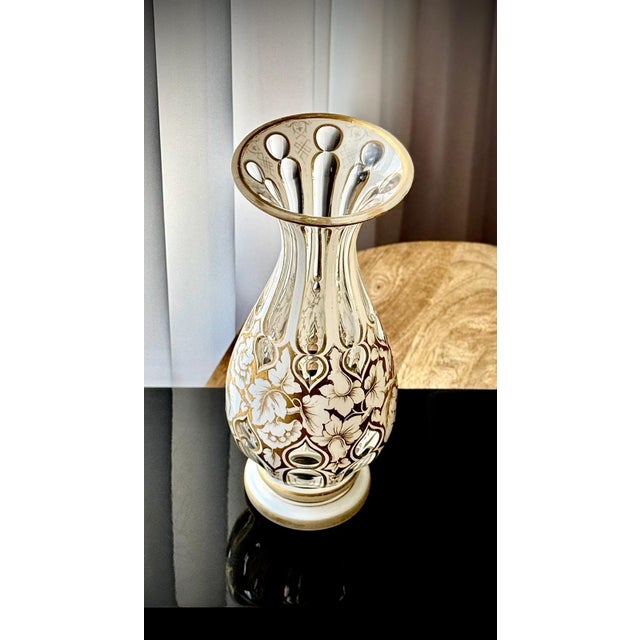 Antique Bohemian White Overlay Gilded Glass Vase, 1800s For Sale - Image 9 of 18