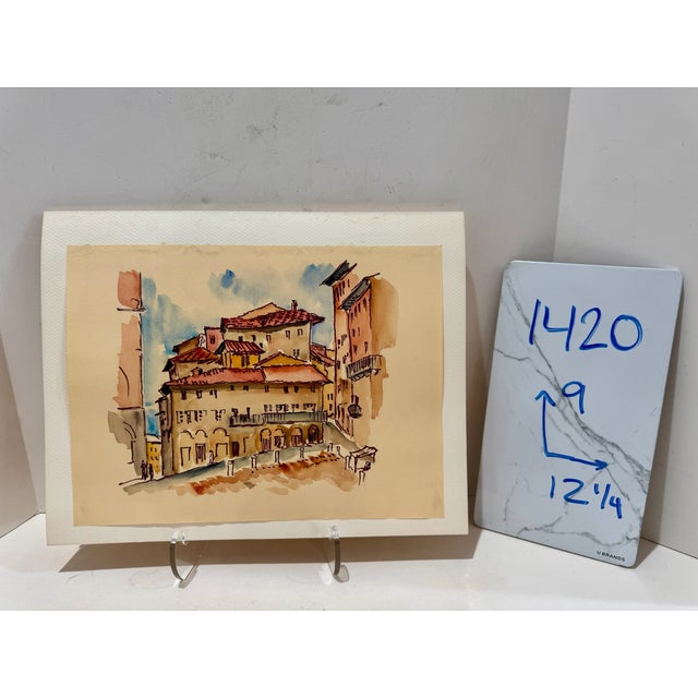 1940s Henry Emil Salloch Original Watercolor on Paper Tuscan Hill Town Piazza. For Sale - Image 5 of 5