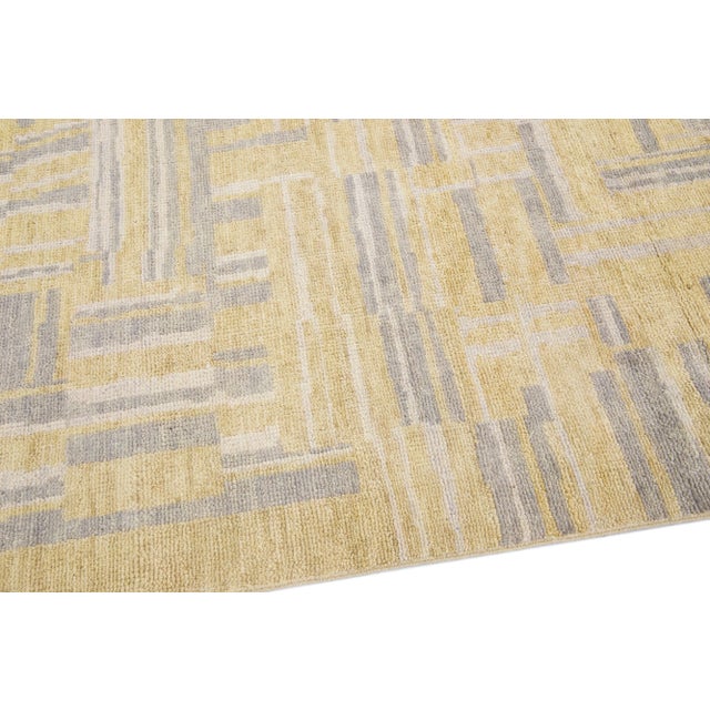Metal Yellow Contemporary Abstract Motif Handmade Wool Rug For Sale - Image 7 of 8