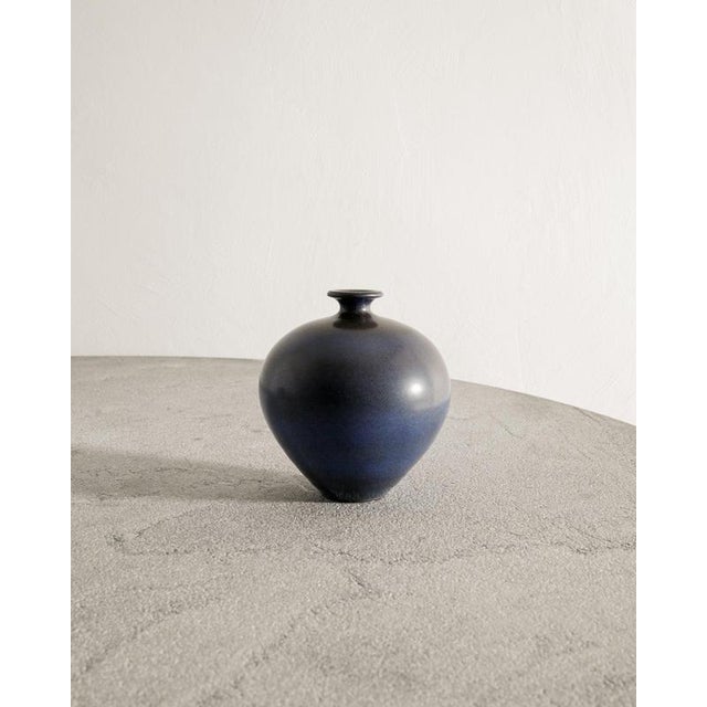 Rare Swedish mid century ceramic stoneware vase in blue brown hare fur glaze by Berndt Friberg produced by Gustavsberg...
