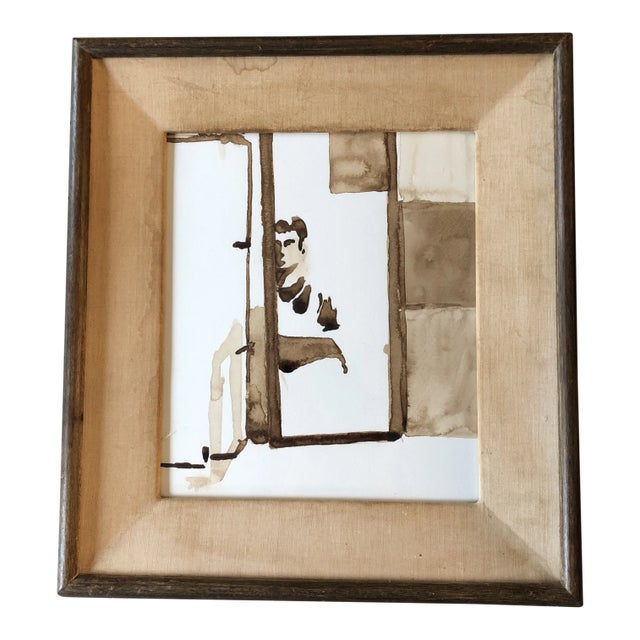 Original Vintage “Man in Mirror” 1970’s Watercolor Painting Modernist Frame For Sale