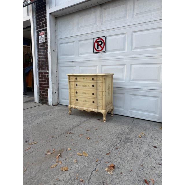 French Provincial Vintage French Provincial Cream Floral Painted Four Drawer Dresser With Marble Top For Sale - Image 3 of 12