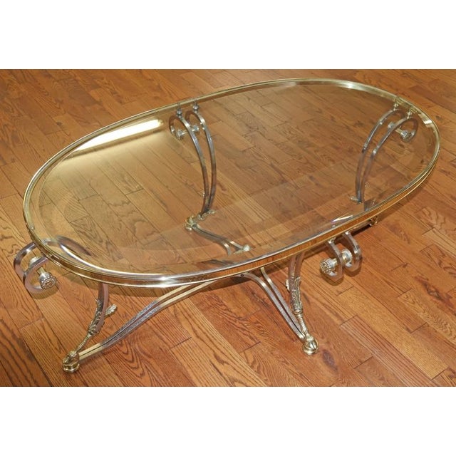 1980s Steel & Brass Glass Top Coffee Cocktail Table Attributed to Labarge For Sale - Image 10 of 11