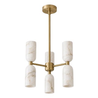 Handcrafted Brass 6-Light Chandelier With Natural Alabaster Cylinder Shades, Dining Room Chandelier For Sale