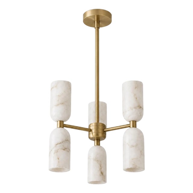 Handcrafted Brass 6-Light Chandelier With Natural Alabaster Cylinder Shades, Dining Room Chandelier For Sale