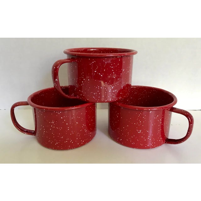 American Vintage Red Enamel Splatter Ware Mugs - Set of Three For Sale - Image 3 of 3