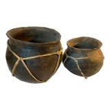 Pair of Large Vintage Tarahumara Pottery Rawhide Bound Vessels For Sale