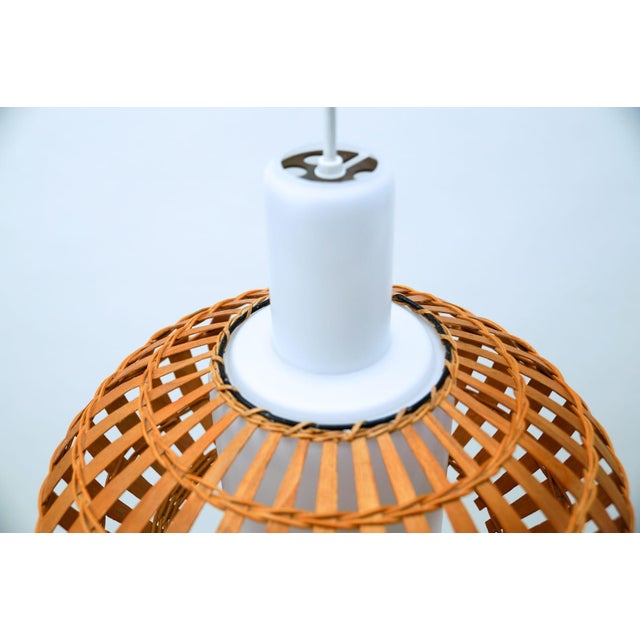 Brown Opaline Glass and Wicker Ceiling Lamp, 1960s For Sale - Image 8 of 11