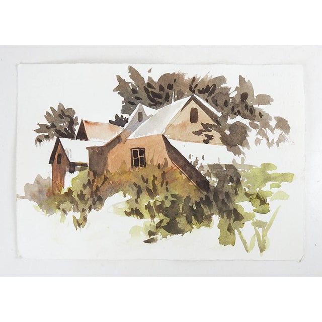 Farmhouse Contemporary Monotone Old Farmhouse Watercolor Painting For Sale - Image 3 of 3