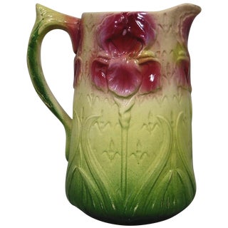 1900s Majolica Onnaing Signed Iris Pitcher For Sale