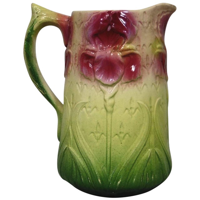 1900s Majolica Onnaing Signed Iris Pitcher For Sale