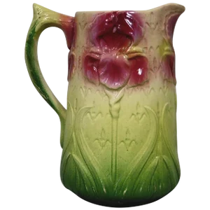 1900s Majolica Onnaing Signed Iris Pitcher