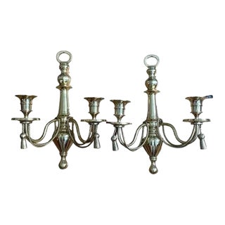 Vintage Set of 2 Solid Brass Tassel Rope Double Arm Wall Sconces For Sale