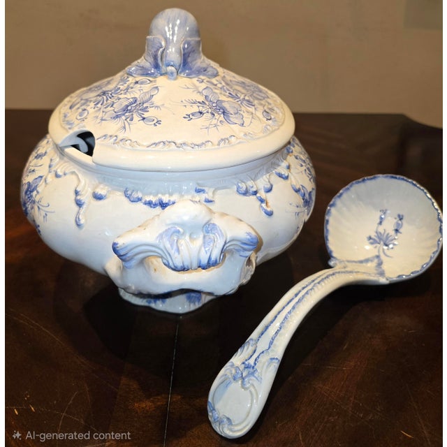 Italian Mid 19th Century "Italy" Blue and White Tureen With Lid and Ladle For Sale - Image 3 of 6