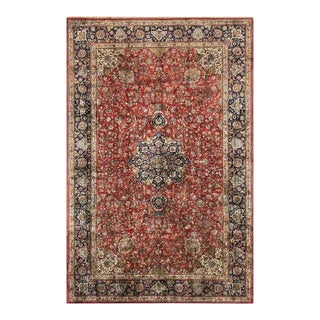 Mid 20th Century Small Traditional Rust Floral Antique Tabriz Knotted Wool Rug For Sale