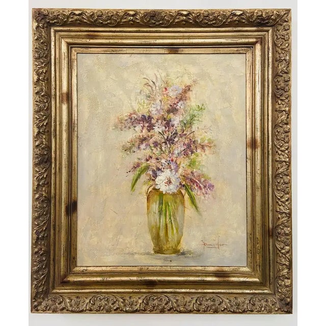 A gorgeous oil on canvas painting in a pastel tone depicting a vase with white flowers and lavenders in a vase. The...
