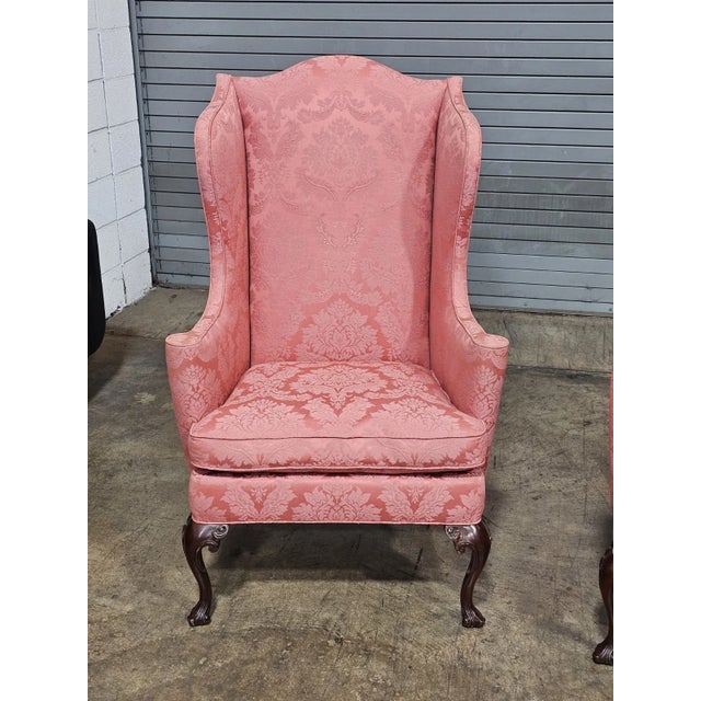 Southwood & Co. Pair of Late 20th Century Southwood Mahogany Queen Anne Style Wing Chairs Silk Damask Fabric For Sale - Image 4 of 11